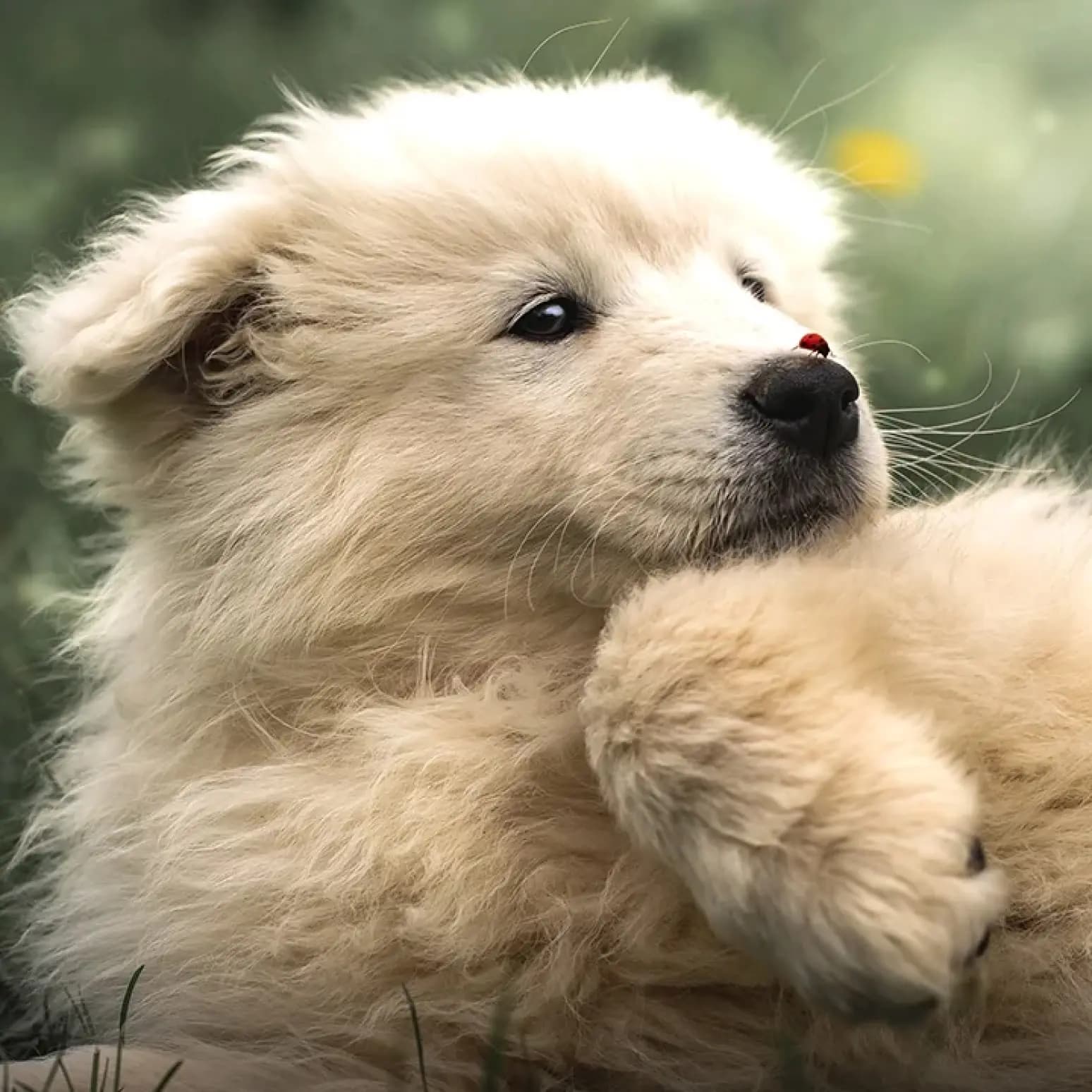 Chiot avec une coccinelle sur le musot